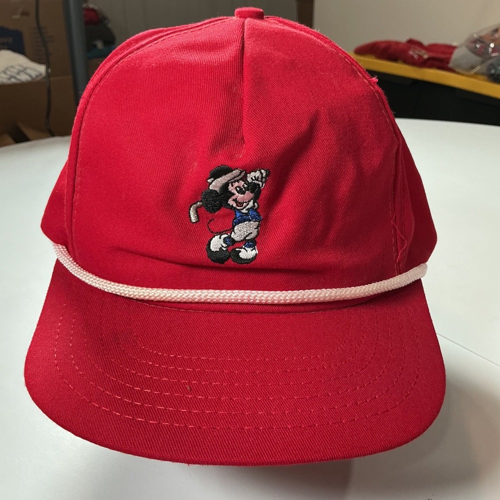 VTG USA Made 90s Disney Mickey Mouse Golf Hat Adult OSFM Red Rope Brim Dad Cap